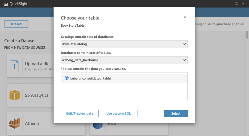 Quicksight Athena Table Selection
